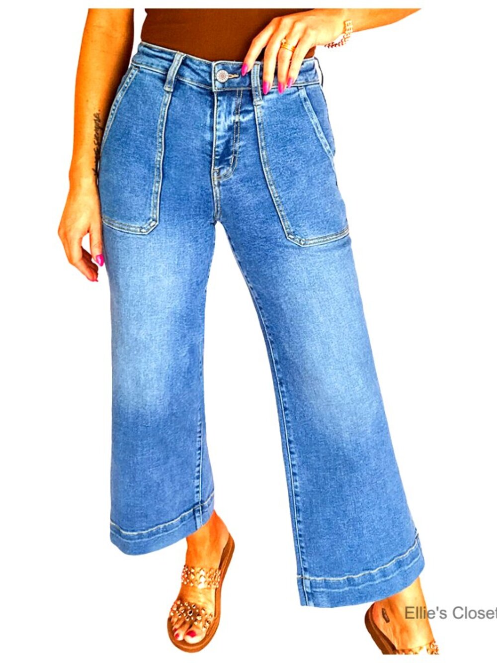 Stretchy High Waisted Wide Leg Jeans Tummy Control Cropped Ankle Denim Pants